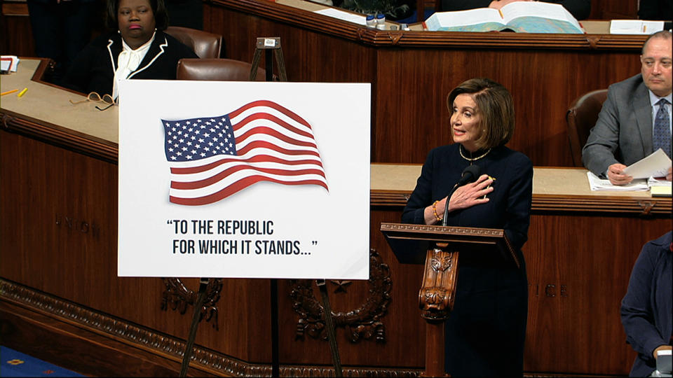House Speaker Nancy Pelosi of Calif., speaks as the House of Representatives debates the articles of impeachment against President Donald Trump at the Capitol in Washington, Wednesday, Dec. 18, 2019. (House Television via AP)