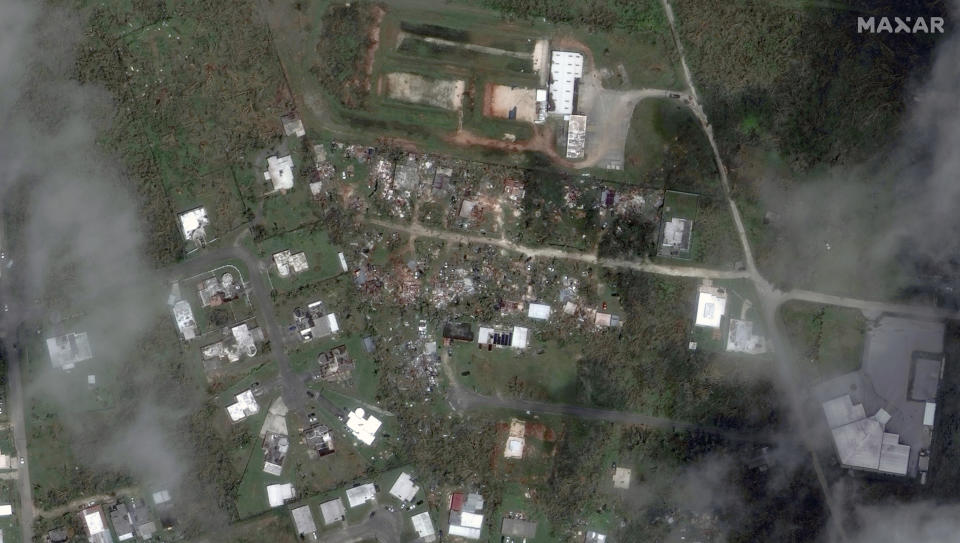 This satellite image provided by Maxar Technologies shows a damaged area in Dededo, Guam, Friday, May 26, 2023, after Typhoon Mawar tore through the remote U.S. Pacific territory. (Maxar Technologies via AP)