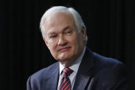 FILE - In this Jan. 24, 2015, file photo, NHL Players' Association Executive Director Donald Fehr listens during a press conference in Columbus, Ohio. The NHL is one step closer to returning. Commissioner Gary Bettman unveiled a 24-team straight to playoffs format the league will use if it can clear the other hurdles to resume its season. The announcement comes on the heels of the league and NHLPA issuing an extensive series of protocols once players are allowed to return to their facilities. (AP Photo/Gene J. Puskar, File)