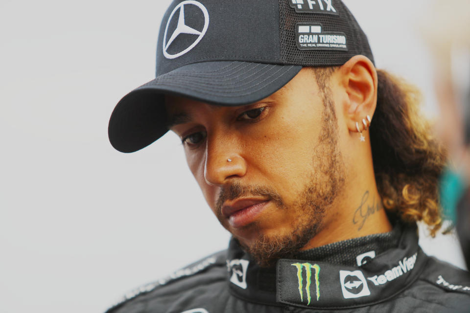 Pictured here, a solemn looking Lewis Hamilton at the Emilia Romagna Grand Prix in 2022.