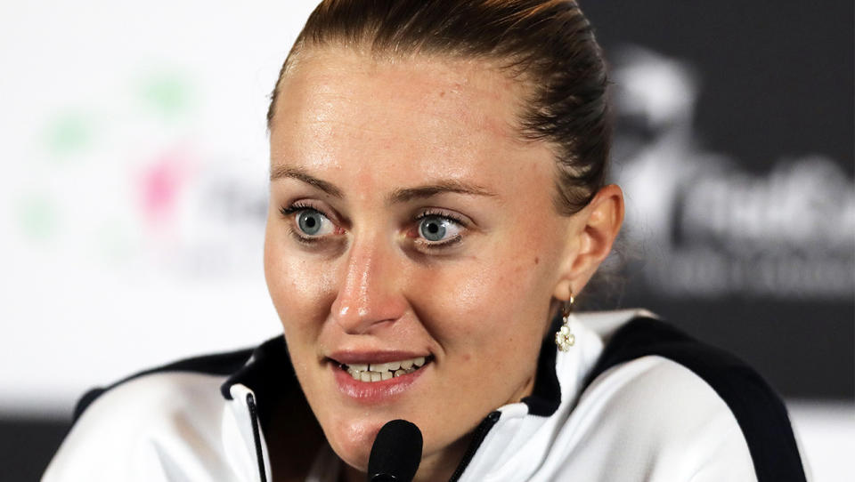 Kristina Mladenovic delivering a press conference for France.