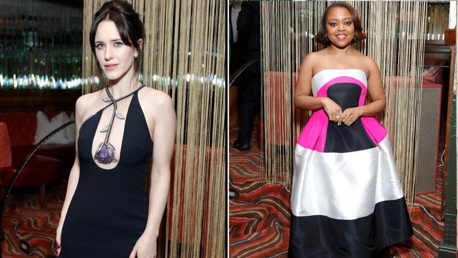 (Left) Rachel Brosnahan lets her David Koma minidress do the talking, while Quinta Brunson (Right) goes a bit more demure in Greta Constantine at the Vanity Fair and Amazon MGM Studios Awards Season Celebration at the Bar Marmont in Los Angeles (Stefanie Keenan/Getty Images for Vanity Fair)