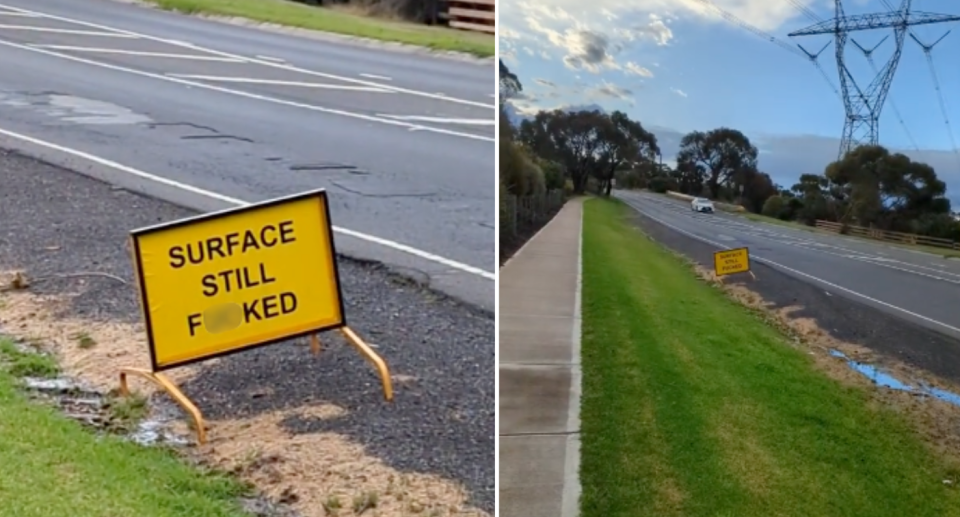Images of the yellow road sign which says 'surface still f**ked' put next to an uneven part of Diamond Creek Road.