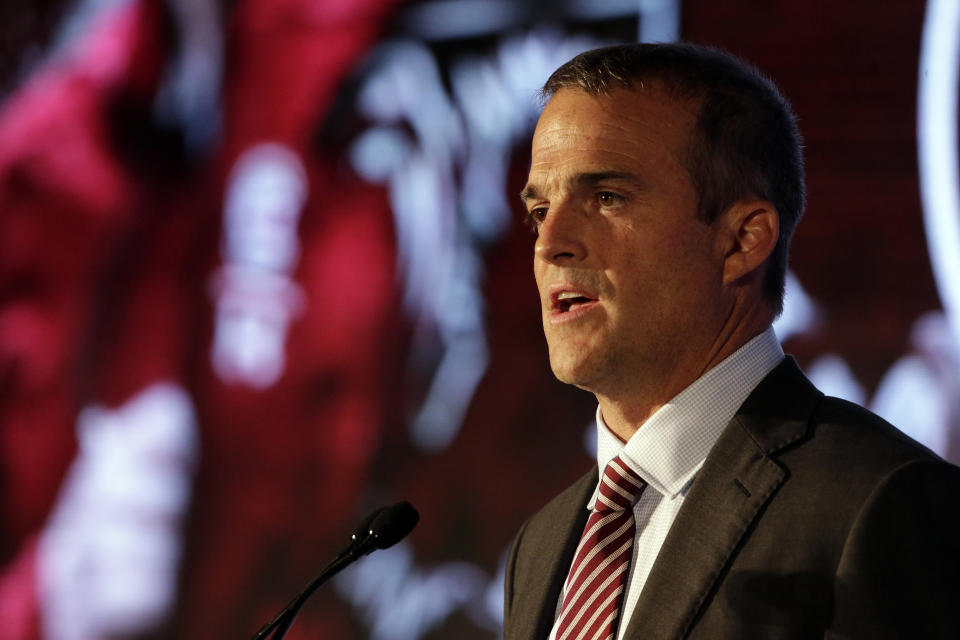 South Carolina head coach Shane Beamer speaks to reporters during the NCAA college football Southeastern Conference Media Days, Monday, July 19, 2021, in Hoover, Ala. (AP Photo/Butch Dill)