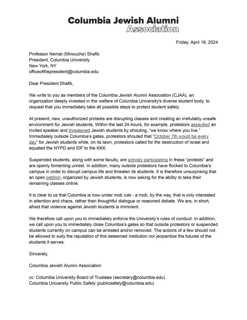 The scathing letter from the CJAA was dated Friday – one day after the mass arrests. Columbia Jewish Alumni Association