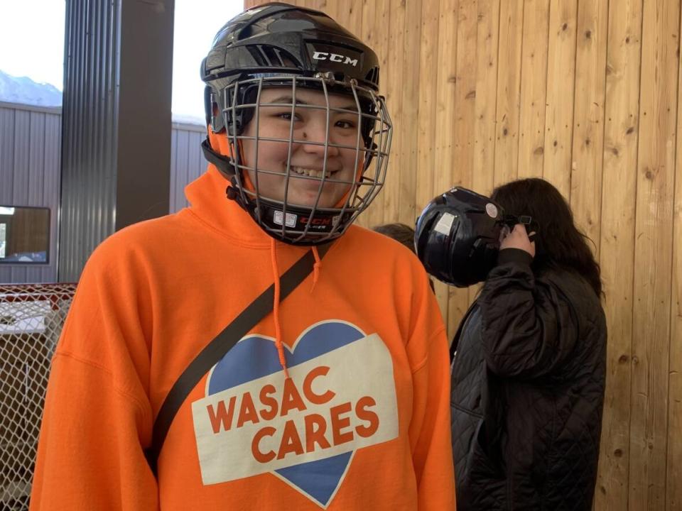 Izzy Hayes was at Camp Manitou on Saturday, and she is excited to take in the NHL game between the Winnipeg Jets and Edmonton Oilers at Canada Life Centre later in the day. (Walther Bernal/CBC - image credit)