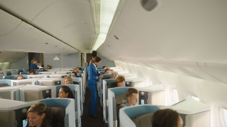 KLM's new business class seats are 10% to 15% lighter than other similar business class seats, the airline says. The seats have adjustable lower-back support and a back-massage feature. - KLM