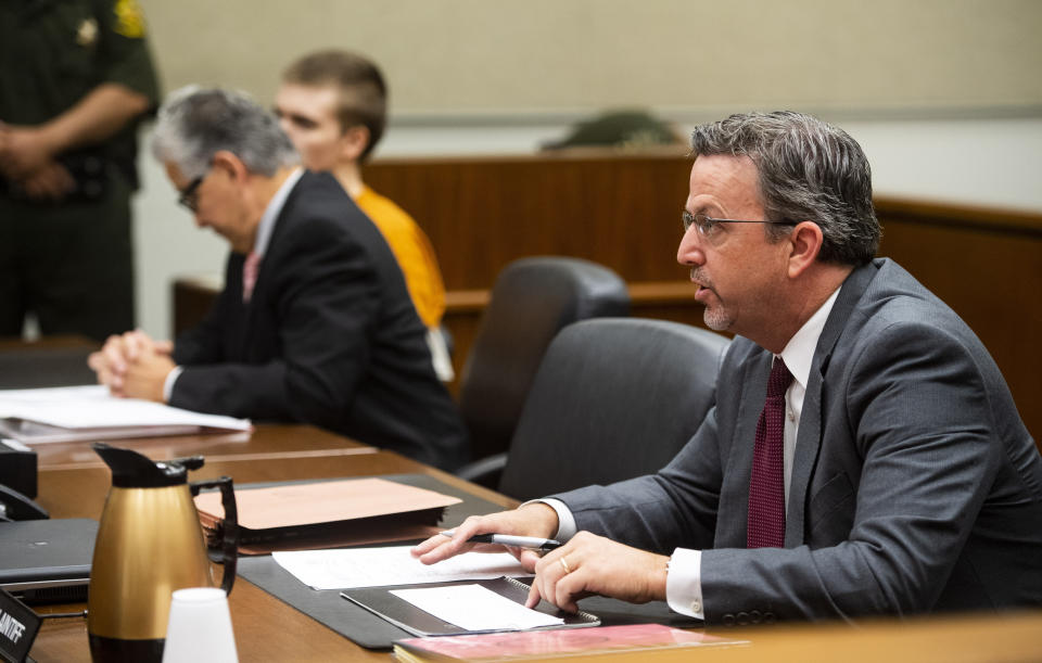 Deputy District Attorney Steve McGreevy, right, addresses the court as Samuel Woodward and his attorney Edward Munoz listen during a court hearing at the Harbor Justice Center in Newport Beach, Calif., on Wednesday, Aug. 22, 2018. Woodward is charged with the murder of a University of Pennsylvania student Blaze Bernstein. (Paul Bersebach/The Orange County Register via AP, Pool)