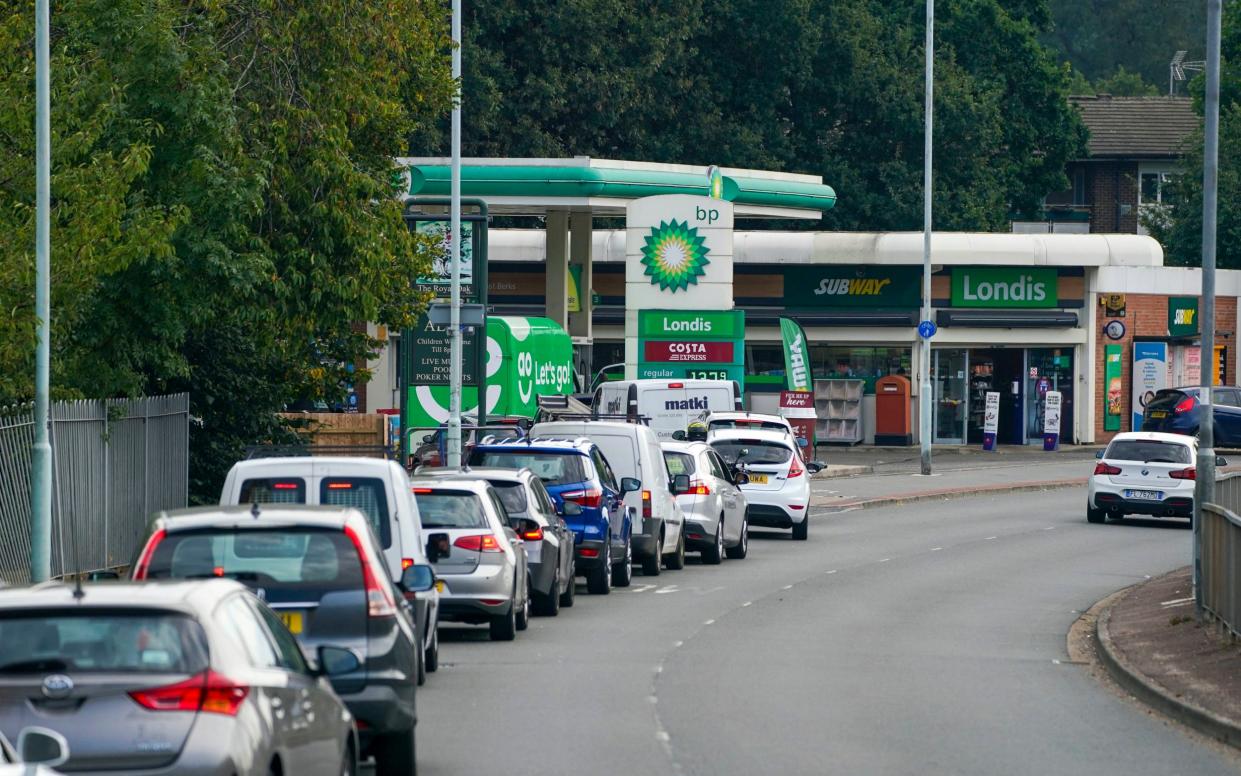 Panic buying gripped petrol forecourts across Britain over the weekend, such as at this BP petrol station in Bracknell, Berkshire - Steve Parsons/PA Wire