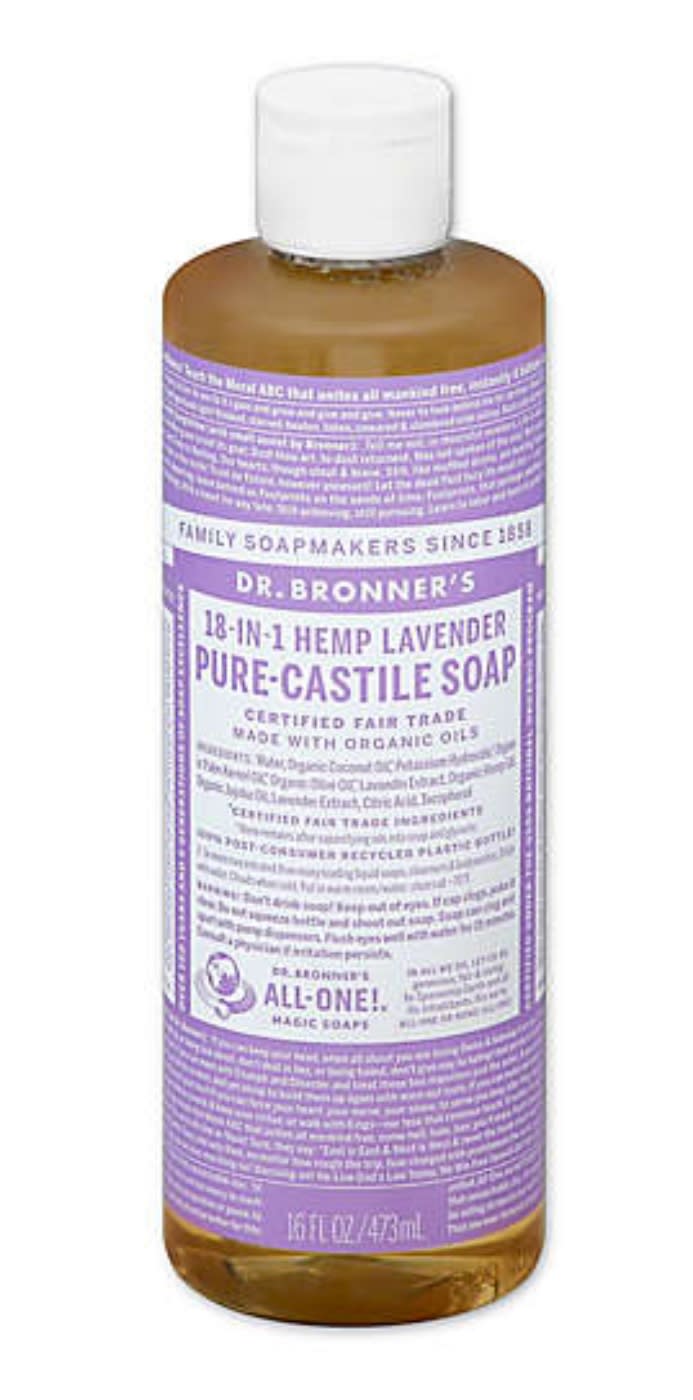 Dr Bronner’s 16 oz. 18-in-1 Pure-Castile Liquid Soap in Lavender - Credit: Dr. Bonner's.