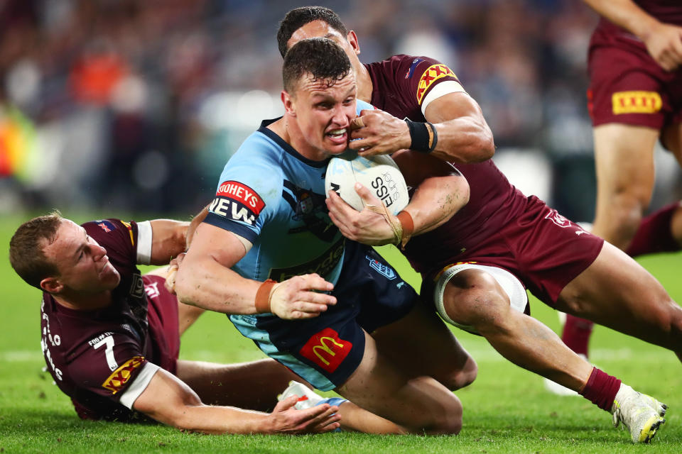 Seen here, Jack Wighton dives over for a second half try for the Blues in Game III. 