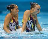 Canada's Marie-Pier Boudrreau Gagnon , right, and Elise Marcotte perform in the synchronized swimming free routine final at the 2012 Summer Olympics Tuesday, August 7, 2012 in London. The pair finished in fourth place.(AP Photo/The Canadian Press, Ryan Remiorz)