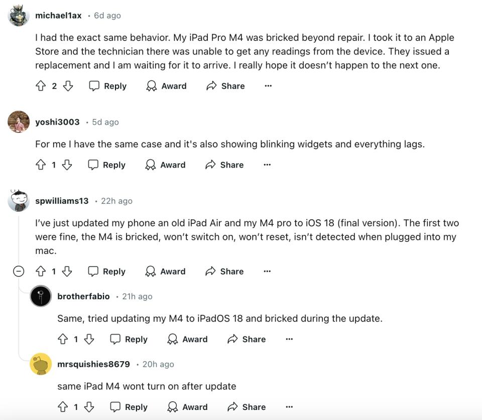 Laporan pengguna keempat tentang iPad Pro M4 rusak setelah pembaruan iPadOS 18.