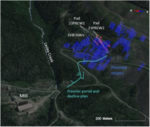 3D view of the drill pad locations and drill hole traces reported in this release.