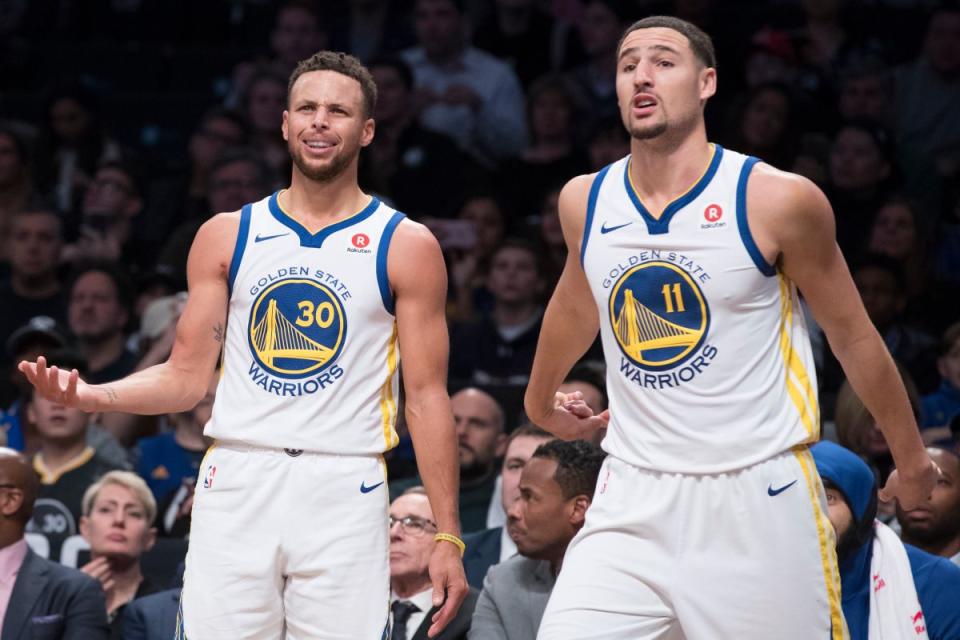 ▲勇士「浪花兄弟」Stephen Curry(左)、Klay Thompson都是神射手，傳奇射手「雷槍」Ray Allen認為自己和後者球風較相似。（圖／美聯社／達志影像）