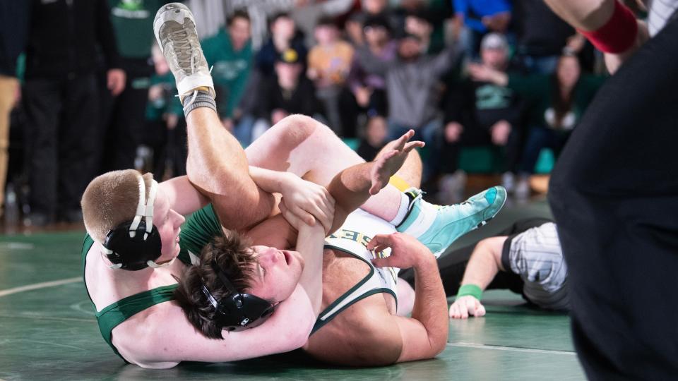 Camden Catholic's Jaden Simpson controls Red Bank Catholic's Vincent Muscillo during the 175 lb. bout of the state Non-Public B semifinal wrestling meet held at Camden Catholic High School on Thursday, February 8, 2024. Simpson defeated Muscillo by pin.
