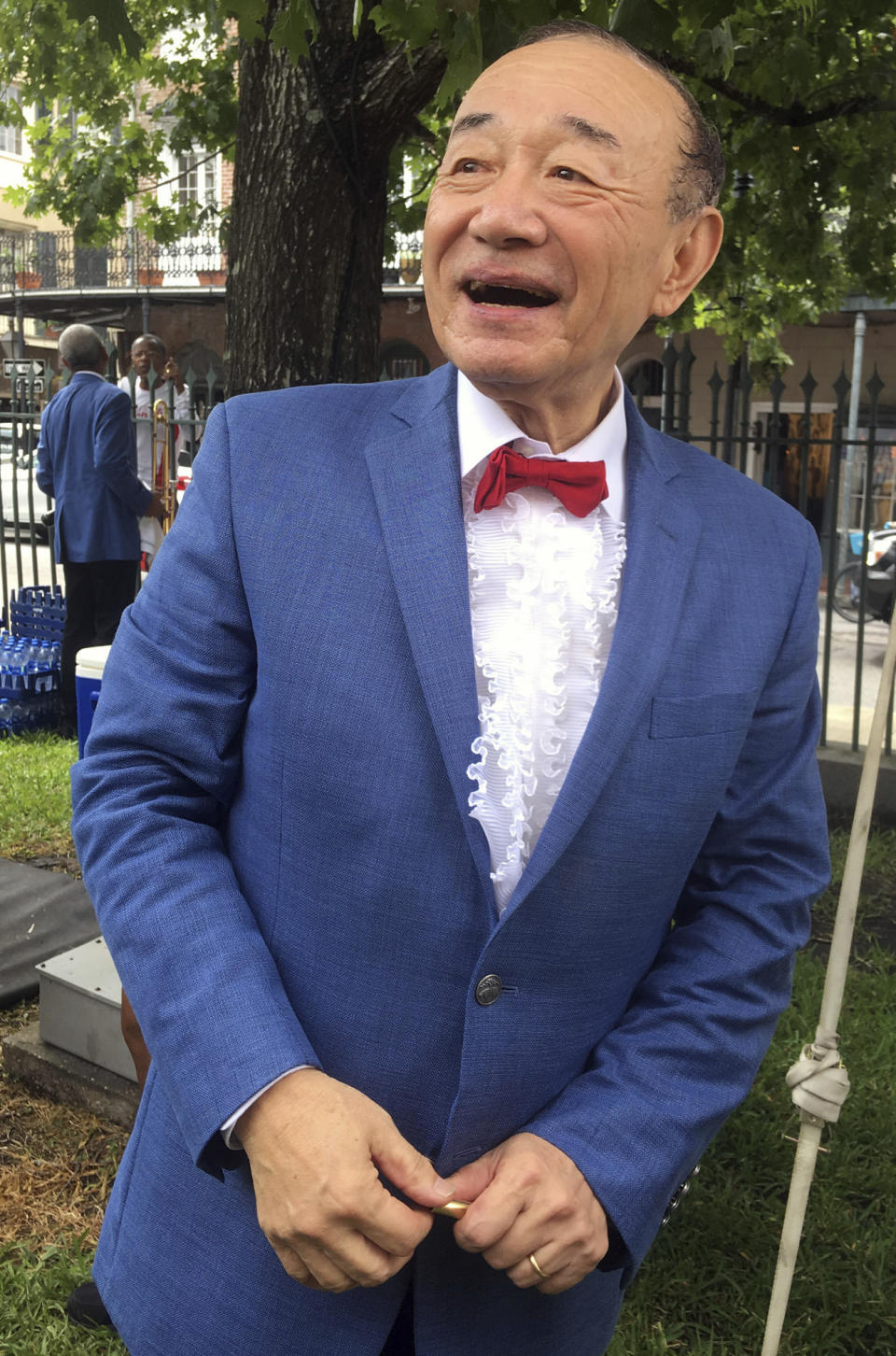 Jazz trumpet player and singer Yoshio Toyama talks after a show in New Orleans on Saturday, Aug. 4, 2018. Known as the "Japanese Sachmo" for his devotion to jazz great Louis Armstrong, Toyama and his wife Keiko Toyama performed with their band the Dixie Saints at Satchmo Summerfest, held annually to mark Armstrong's birthday. (AP Photo/Jay Reeves)