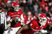 Rutgers quarterback Noah Vedral (0) looks to pass against Maryland during the first half of an NCAA football game, Saturday, Nov. 27, 2021, in Piscataway, N.J. (AP Photo/Noah K. Murray)
