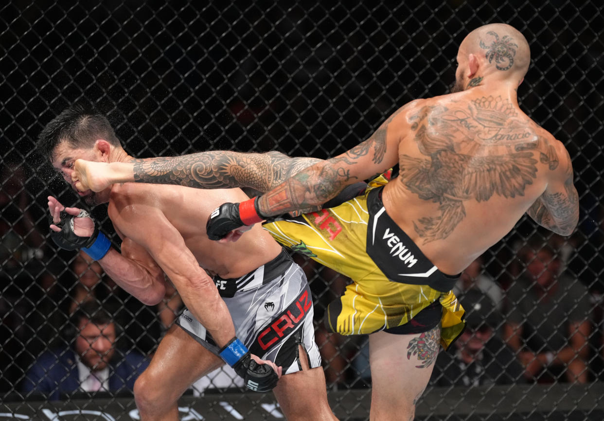 SAN DIEGO, CALIFORNIA - AUGUST 13: (R-L) Marlon Vera of Ecuador knocks out Dominick Cruz with a high kick in a bantamweight fight during the UFC Fight Night event at Pechanga Arena on August 13, 2022 in San Diego, California. (Photo by Jeff Bottari/Zuffa LLC)