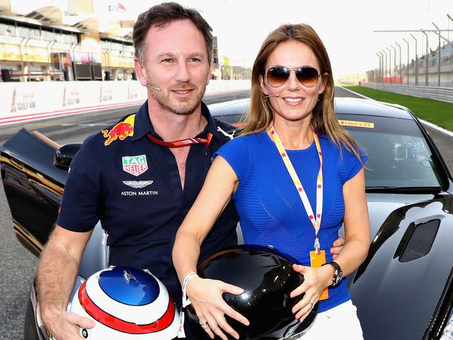 <p>Mark Thompson/Getty</p> Geri Halliwell-Horner and Christian Horner before qualifying for the Bahrain Formula One Grand Prix on April 7, 2018