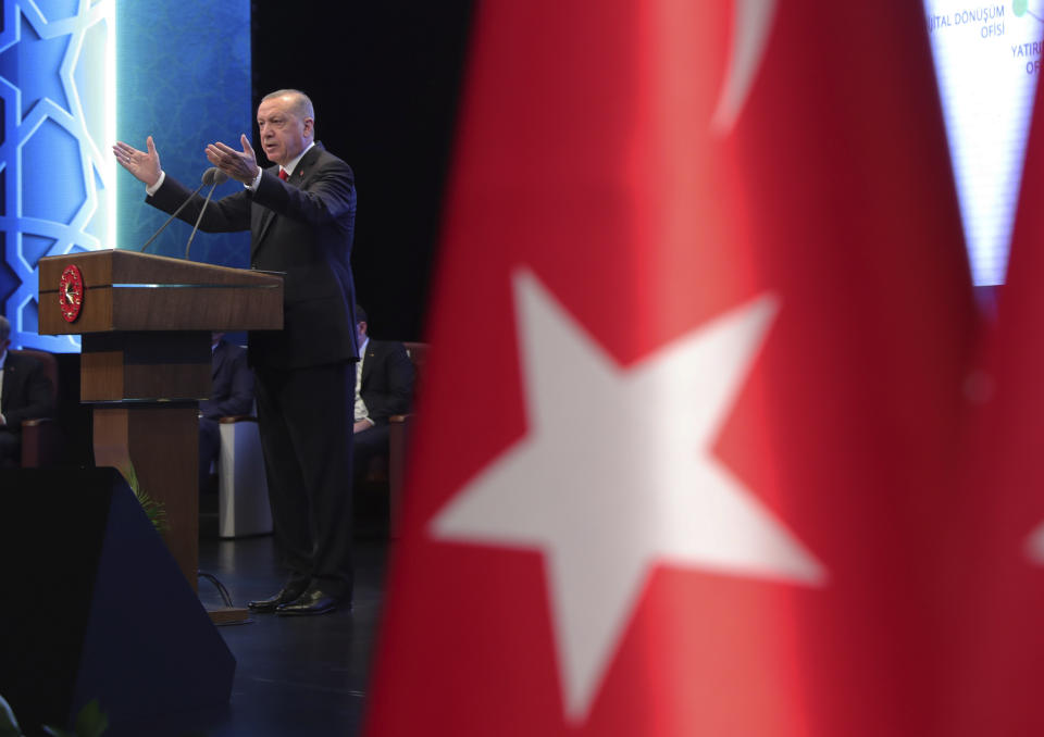 Turkey's President Recep Tayyip Erdogan delivers a speech during an event in Ankara, Turkey, Tuesday, July 21, 2020. (Turkish Presidency via AP, Pool)