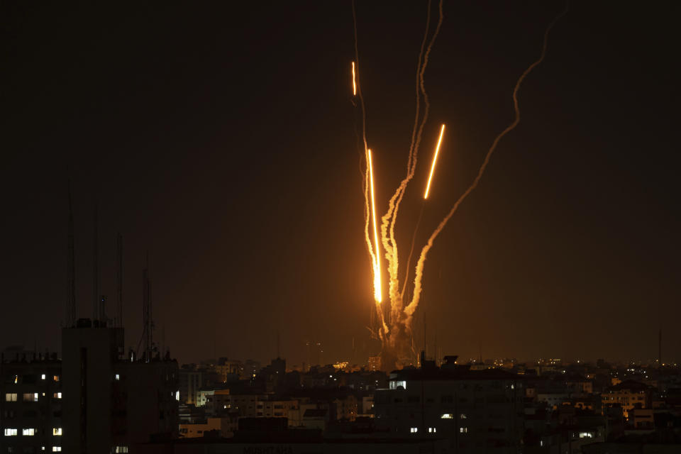 Rockets are launched from the Gaza Strip towards Israel, in Gaza, Wednesday, May 10, 2023. (AP Photo/Fatima Shbair)