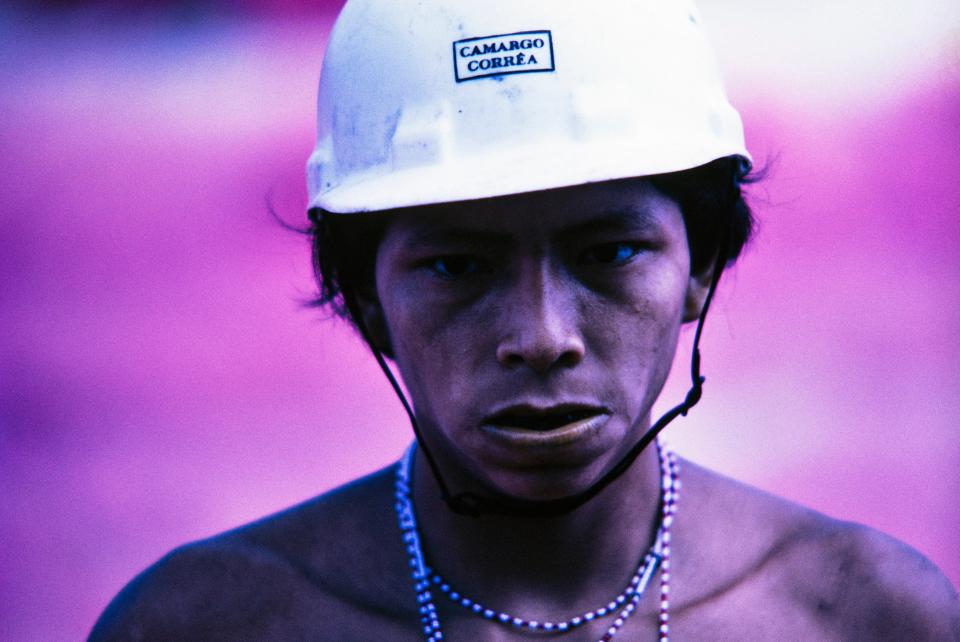 Yanomami facing construction work at the Perimetral Norte highway construction site, Catrimani, Roraima State, Brazil, 1975 (Claudia Andujar)