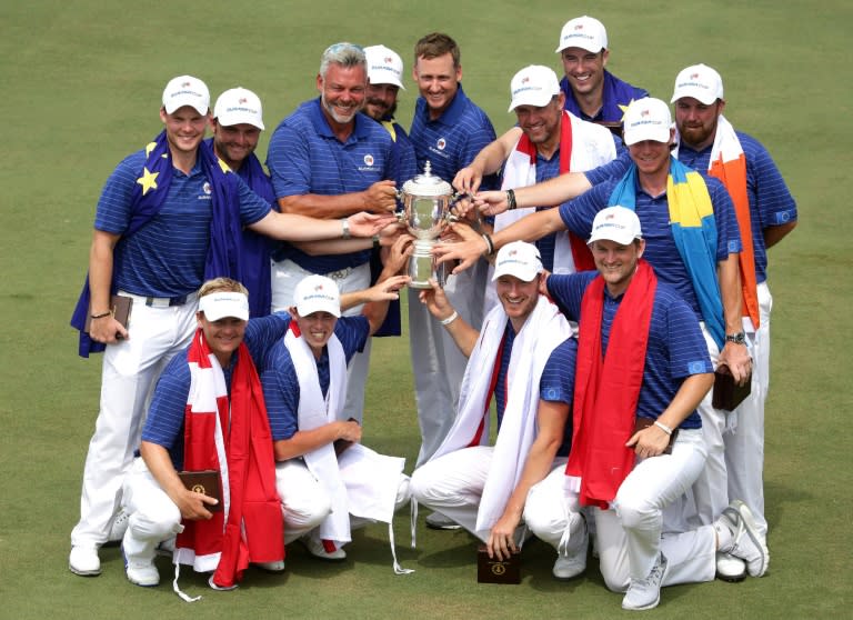 Team Europe celebrate with the trophy at the EurAsia Cup golf tournament near Kuala Lumpur in January 2016, in a photo taken by the Asian Tour