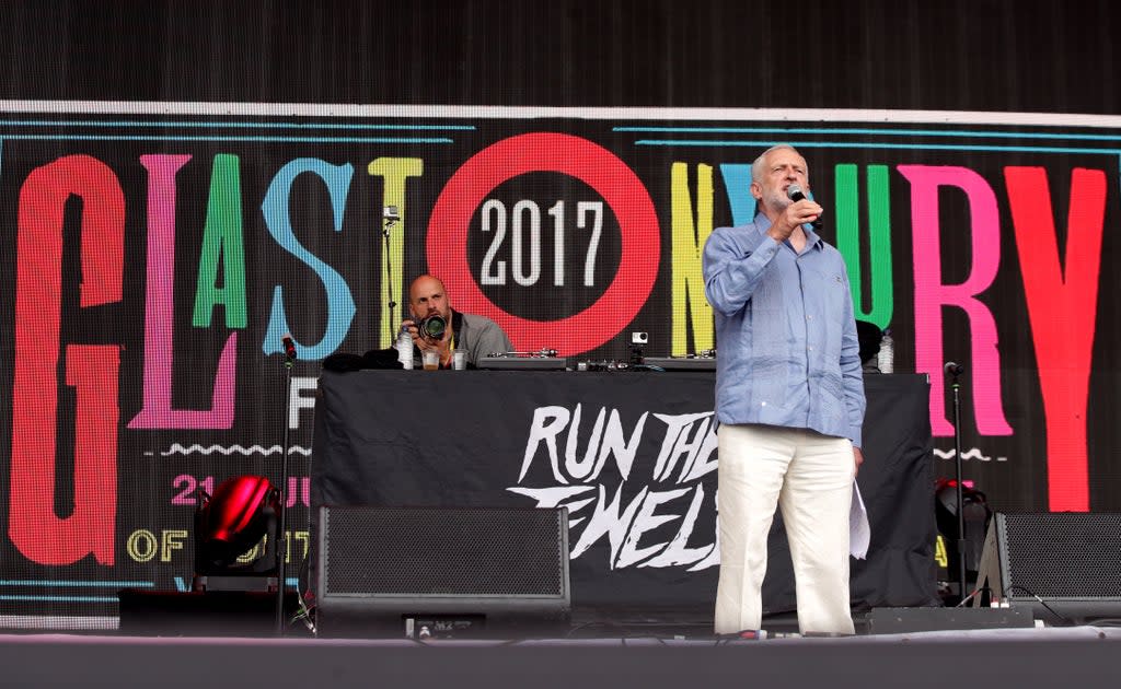 Labour leader Jeremy Corbyn speaks to the crowd from the Pyramid stage at Glastonbury Festival in 2017 (Yui Mok/PA) (PA Archive)
