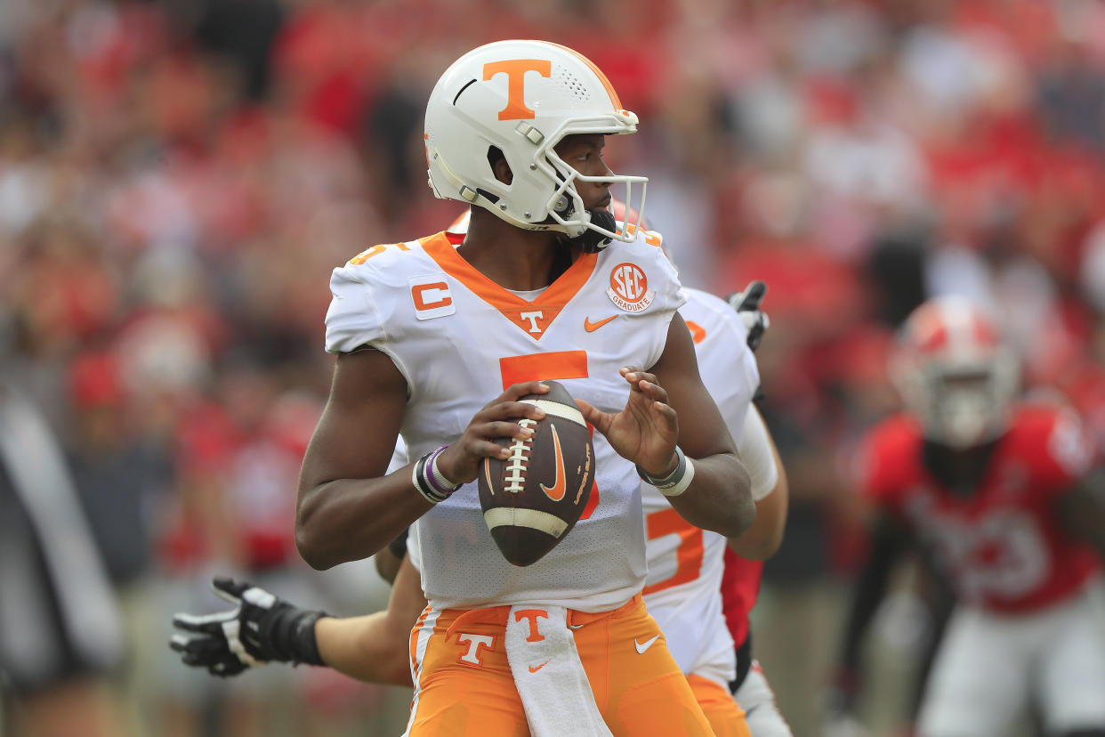 ATHENS, GA - NOVEMBER 05: Tennessee Volunteers quarterback Hendon Hooker (5) drops back to pass during the Saturday afternoon college football game between the University of Georgia Bulldogs and the University of Tennessee Volunteers on November 5, 2022 at Sanford Stadium in Athens, GA. (Photo by David J. Griffin/Icon Sportswire via Getty Images)