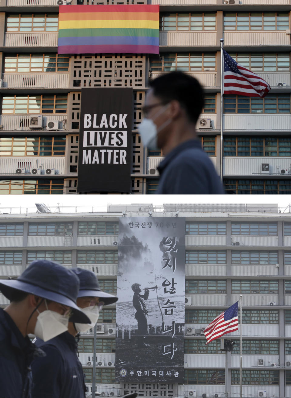 This combination of photos, top taken in Saturday, June 13, 2020, and bottom taken in Tuesday, June 16, 2020, shows banners over the U.S. Embassy building in Seoul. As protests over racial inequality roiled America, a large Black Lives Matter banner was quietly removed from the U.S. Embassy building in South Korea's capital three days after it was raised there in solidarity with demonstrators back home. The official explanation from the Embassy, which didn't mention an LGBT pride flag that was also taken away, was that the BLM banner was removed to avoid any perception that it was meant “to support or encourage donations to any specific organization.” On Tuesday, a banner marking the upcoming 70th anniversary of the start of the Korean War was draped from the Embassy. (AP Photo)