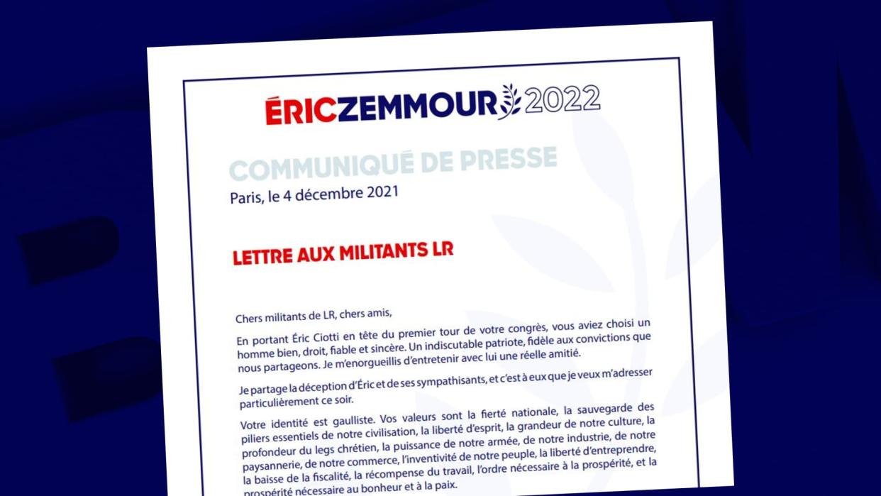 La lettre d'Éric Zemmour aux militants Les Républicains, samedi 4 décembre 2021 - BFMTV