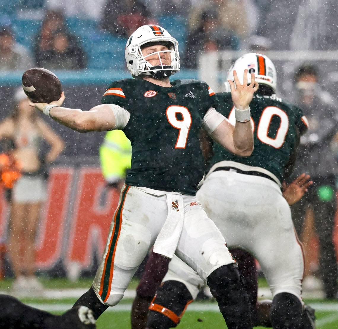 Miami Hurricanes quarterback Tyler Van Dyke (9) sets up to pass during the fourth quarter of their ACC football game against the Virginia Tech Hockies at Hard Rock Stadium on Saturday, November 20, 2021 in Miami Gardens, Florida.