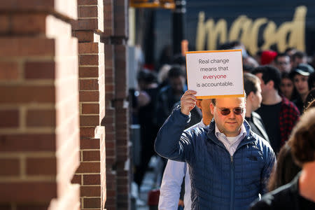 A worker holds a sign outside the Google offices after walking out as part of a global protest over workplace issues in New York, U.S., November 1, 2018. REUTERS/Jeenah Moon