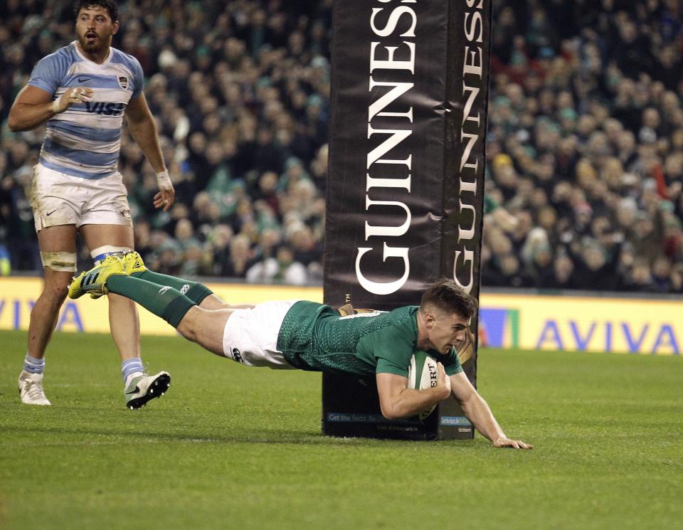 Ireland's Luke McGrath scores a try during the rugby union international match between Ireland and Argentina, at the Aviva Stadium in Dublin, Ireland, Saturday, Nov. 10, 2018. (AP Photo/Peter Morrison)