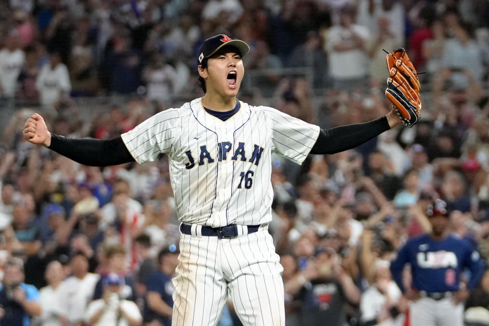 MIAMI, FLORIDA - MARCH 21: Shohei Ohtani #16 of Team Japan reacts after the final out of the World Baseball Classic Championship defeating Team USA 3-2 at loanDepot park on March 21, 2023 in Miami, Florida. (Photo by Eric Espada/Getty Images)