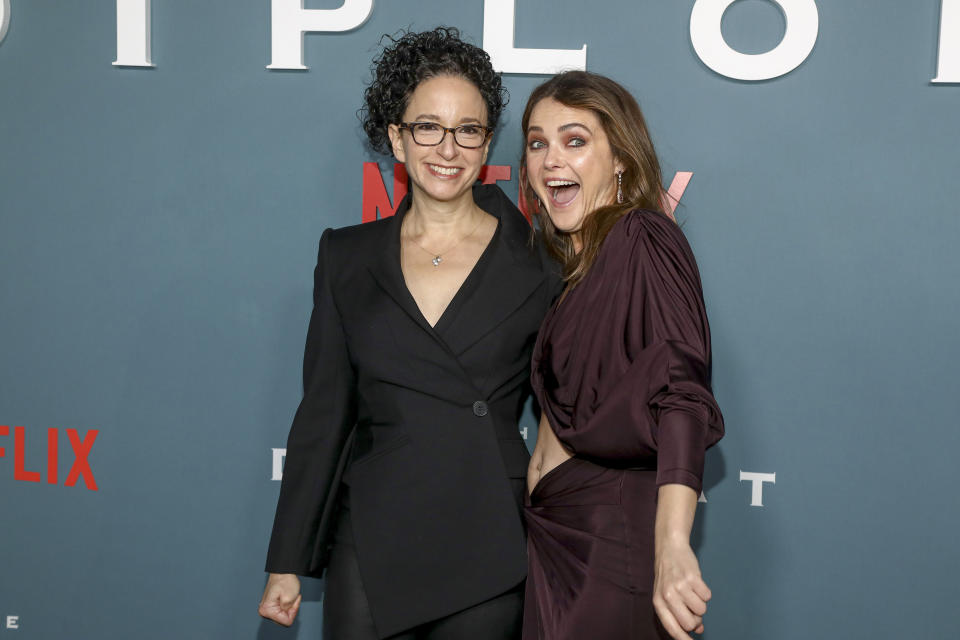 Executive Producer Debora Cahn, left, and actor Keri Russell attend the premiere of the Netflix series "The Diplomat" at Park Lane New York on Tuesday, April 18, 2023, in New York. (Photo by Andy Kropa/Invision/AP)