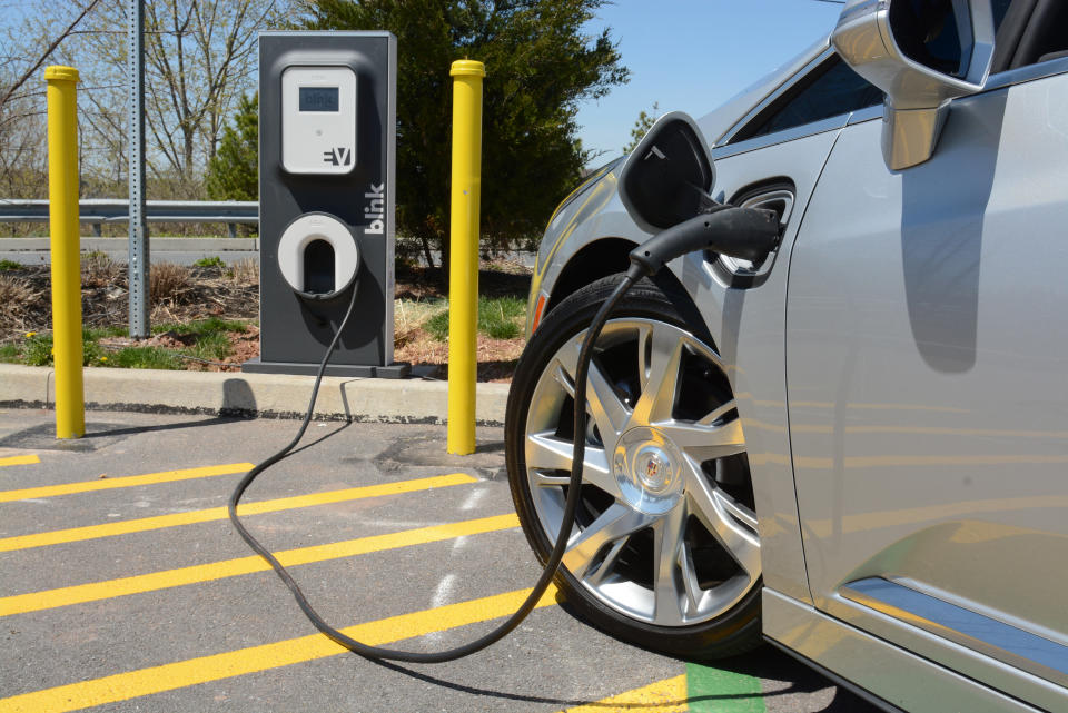 Electric car charging press conference at the Bowmansville service station. (Photo By Ryan McFadden/MediaNews Group/Reading Eagle via Getty Images)