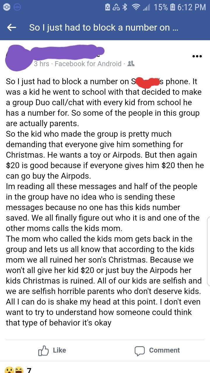 Kid creates a group chat asking for $20 each from kids in school, and when a parent complains to the kid's parent, their kids are called selfish and they're horrible parents