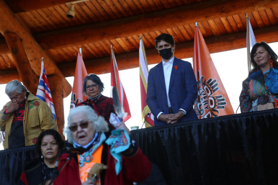 Residential school survivor Charlotte Manual makes a speech during Canadian Prime Minister Justin Trudeau's visit to Tk'emlups, the Secwepemc First Nation, to apologize in Kamloops, British Columbia, Canada on October 18, 2021.<span class="copyright">Mert Alper Dervis—Anadolu Agency via Getty Images</span>