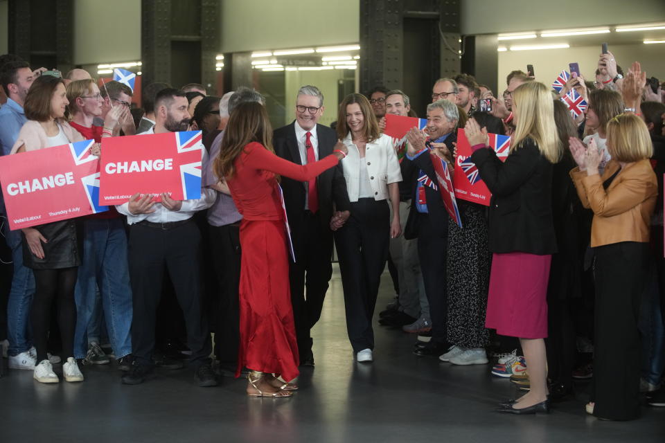 Labour leader Sir Keir Starmer and his wife Victoria speak to supporters at a watch party for the results of the 2024 General Election in central London, as the party appears on course for a landslide win in the 2024 General Election. Picture date: Thursday July 4, 2024. (Photo by Jeff Moore/PA Images via Getty Images)