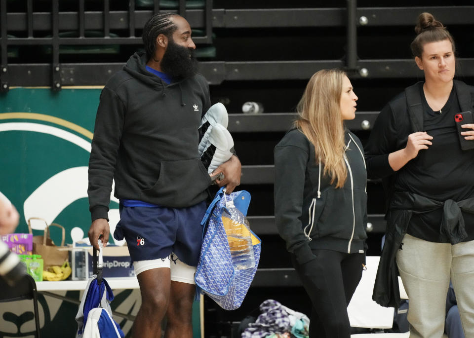 Philadelphia 76ers guard James Harden heads out of Moby Arena after the NBA basketball team's practice on Thursday, Oct. 5, 2023, in Fort Collins, Colo. (AP Photo/David Zalubowski)