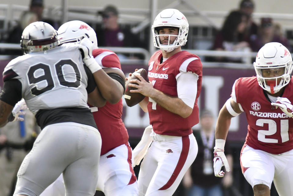 Ty Storey drops back to pass during Arkansas’ 52-6 loss to Mississippi State in the 2018 season. (Photo by Matt Bush-USA TODAY Sports)