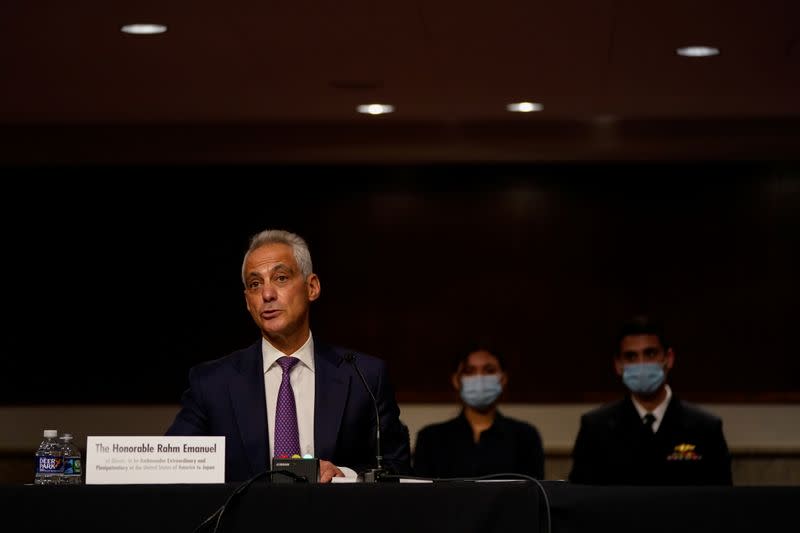 Former Chicago Mayor Rahm Emanuel at Senate Foreign Relations Committee hearing on his nomination to be the United States Ambassador to Japan, on Capitol Hill in Washington