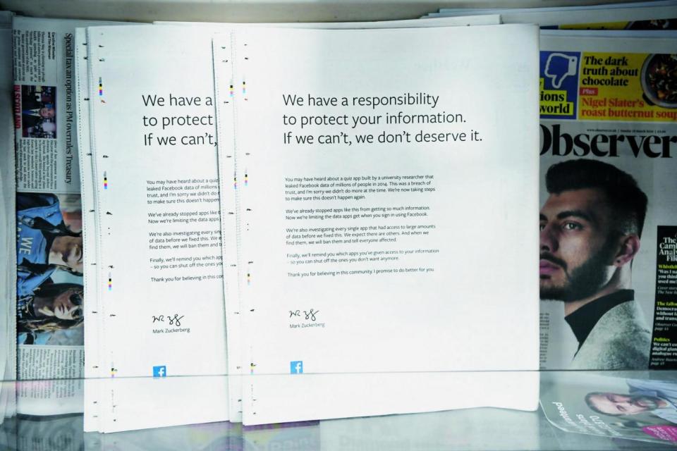 Above, Facebook bought full-page ads in traditional print media to apologise after the Cambridge Analytica scandal (NEIL HALL/EPA-EFE/REX/Shuttersto)