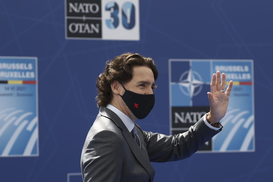 Canada's Prime Minister Justin Trudeau arrives for a NATO summit at NATO headquarters in Brussels, Monday, June 14, 2021. U.S. President Joe Biden is taking part in his first NATO summit, where the 30-nation alliance hopes to reaffirm its unity and discuss increasingly tense relations with China and Russia, as the organization pulls its troops out after 18 years in Afghanistan. (Kenzo Tribouillard, Pool via AP)