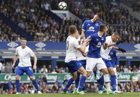 Britain Football Soccer - Everton v Leicester City - Premier League - Goodison Park - 9/4/17 Everton's Phil Jagielka scores their third goal Action Images via Reuters / Carl Recine Livepic