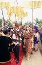 <p>King Juan Carlos and Queen Sofia dressed in traditional garb on their official visit to Indonesia.</p>