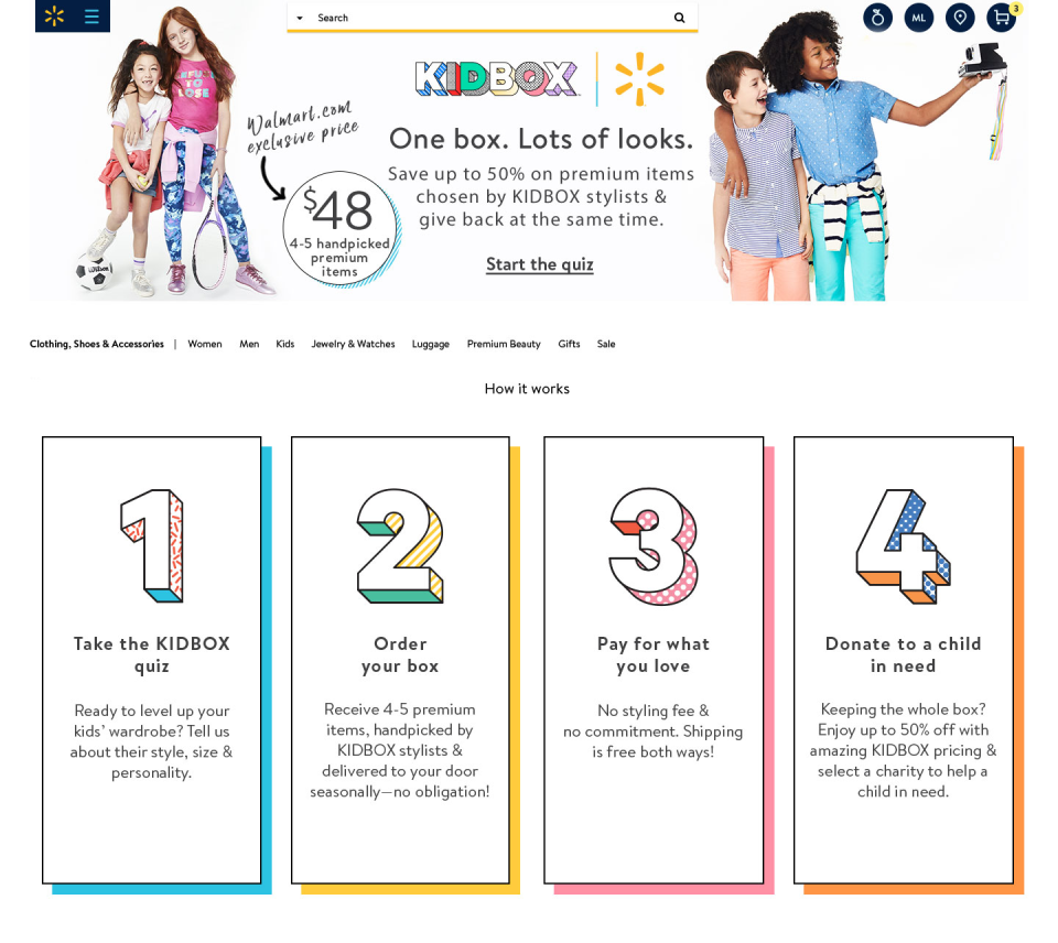 The landing page for Walmart's Kidbox service