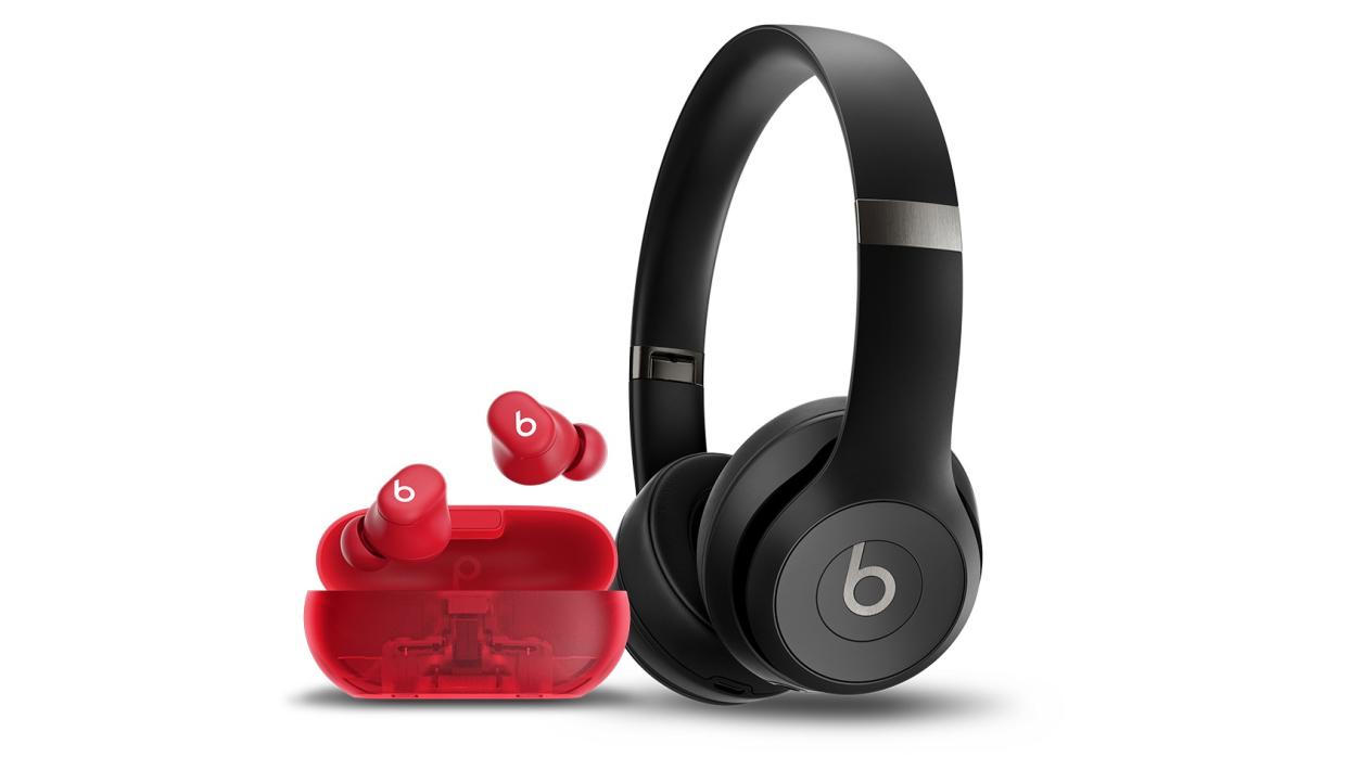  Beats Solo Buds in transparent red and Beats Solo 4 in black on white background. 
